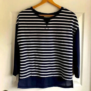 Ann Taylor LOFT Women’s XS Cotton Sheer Back Navy Striped 3/4 Sleeve Blouse